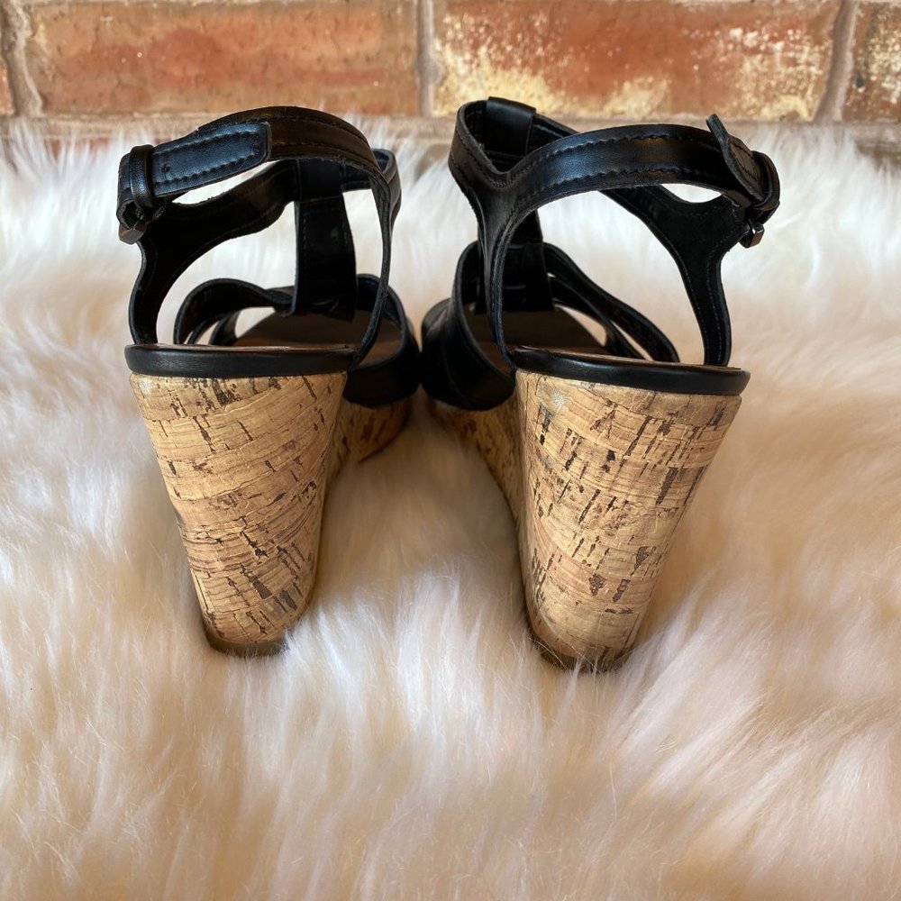 FRANCO SARTO Sandals T-Strap Peep Toe “Mary Beth” Black Leather Cork Wedge 9.5 - Picture 3 of 6